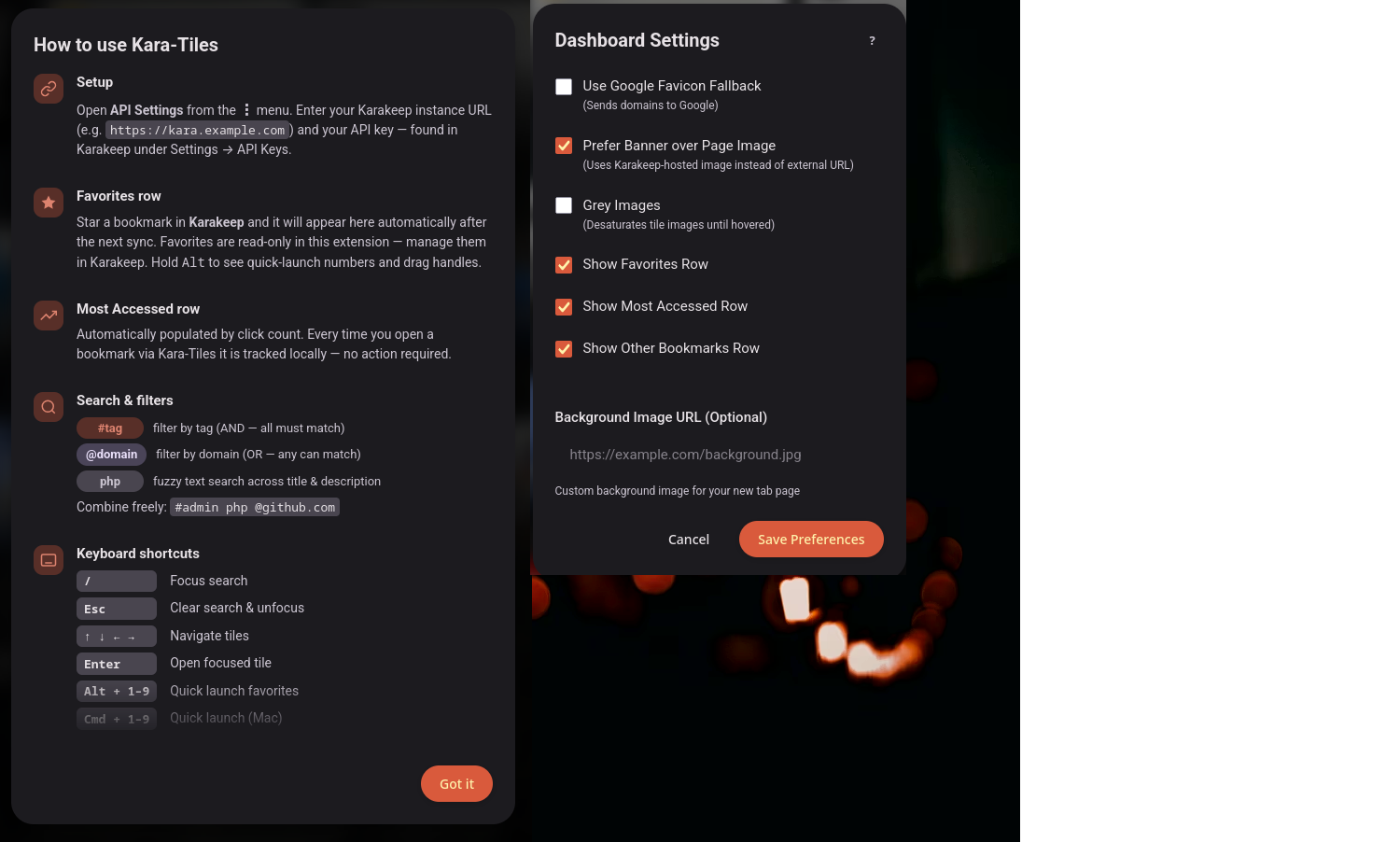 Kara-Tiles Browser Extension Options Screenshot